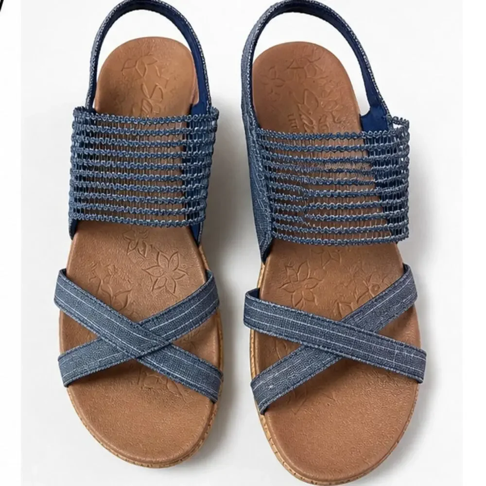 Skechers Luxe Foam Blue Strappy Wedge Sandals Womens Size 8 Cork Heel Comfort